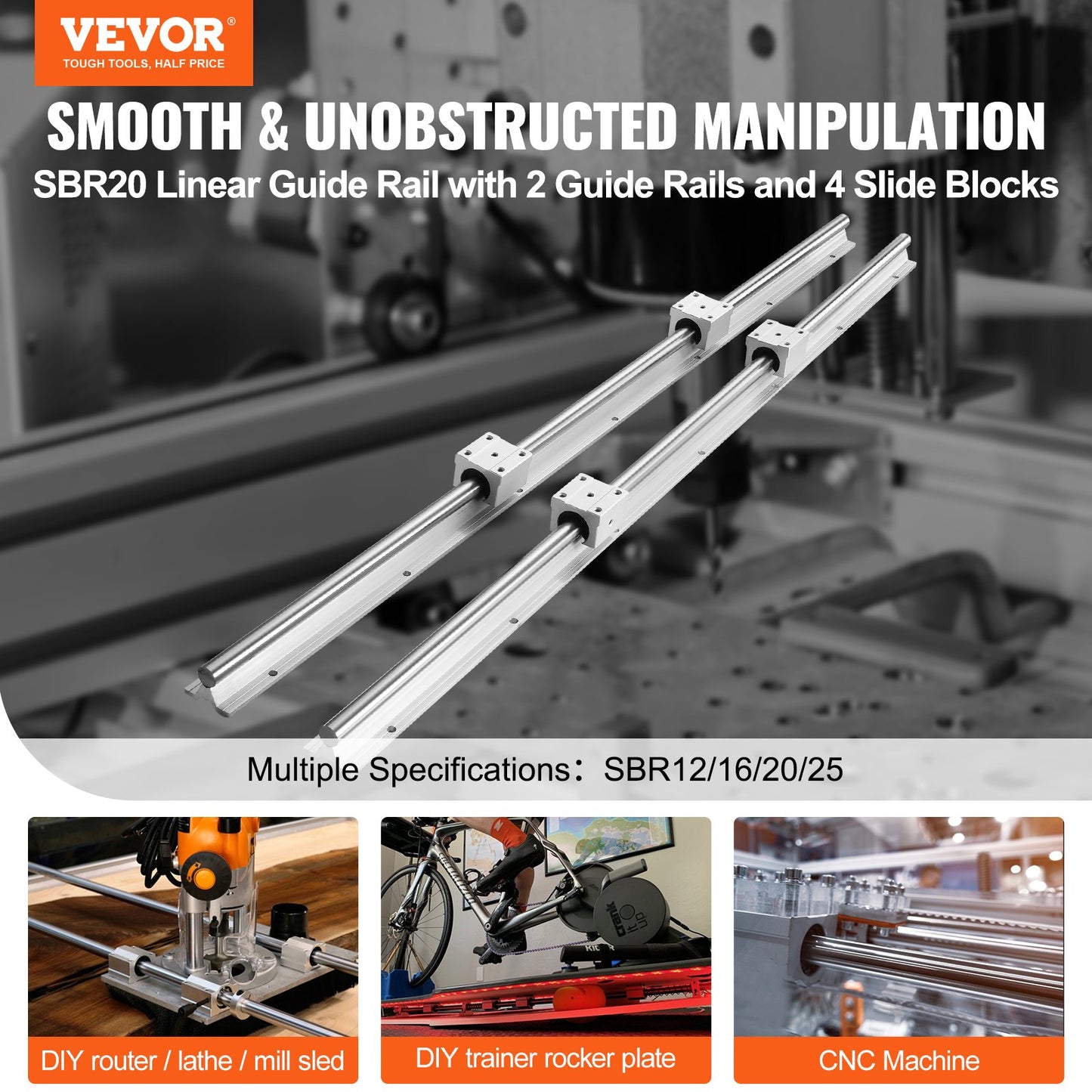 SBR20 1200mm Linear Guide Set, Comes with Two 47.2-inch SBR20 Rails and Four SBR20UU Bearings, Perfect for Crafting CNC Routers and Automation Equipment