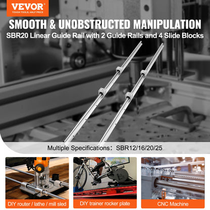 Linear Motion Set, SBR20 1500mm, Comes with Two 59 in/1500 mm SBR20 Rails & Four SBR20UU Blocks, Ideal for DIY CNC and Automation Tasks