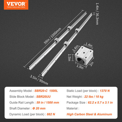 Linear Motion Set, SBR20 1500mm, Comes with Two 59 in/1500 mm SBR20 Rails & Four SBR20UU Blocks, Ideal for DIY CNC and Automation Tasks