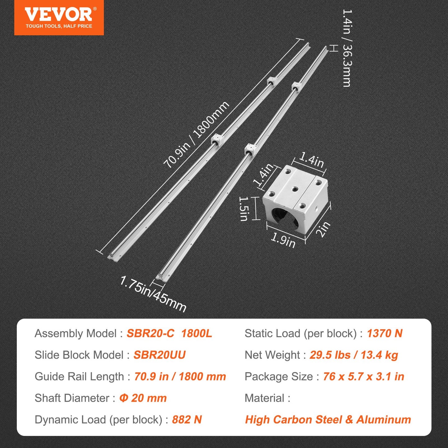 Linear Motion Guide Kit, SBR20 1800mm, Includes 2 PCS 70.9 in/1800 mm SBR20 Rails and 4 PCS SBR20UU Bearing Blocks, Ideal for CNC Machines, Automation Equipment, and DIY Projects