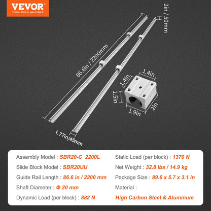 Linear Motion Set, SBR20 2200mm, Comes with Two 86.6-inch SBR20 Rails & Four SBR20UU Blocks, Ideal for DIY CNC & Automated Projects
