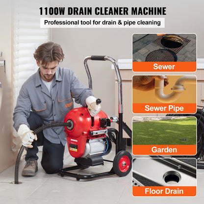Sewer cleaning machine 120FT x 6/5" 1100W sectional auger manual feed