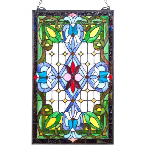 Stained Glass Window Panel, 17 x 29 in, Tiffany Style Hanging Transom Window Panel with Chain, Large Vertical Rectangle Stain Glass, Vintage Traditional Art Handcrafts for Kitchen Home Decor