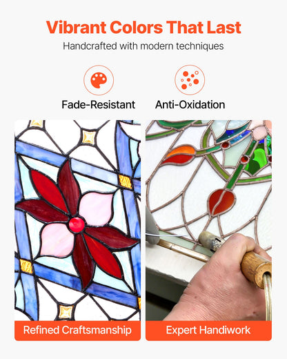 Stained Glass Window Panel, 17 x 29 in, Tiffany Style Hanging Transom Window Panel with Chain, Large Vertical Rectangle Stain Glass, Vintage Traditional Art Handcrafts for Kitchen Home Decor