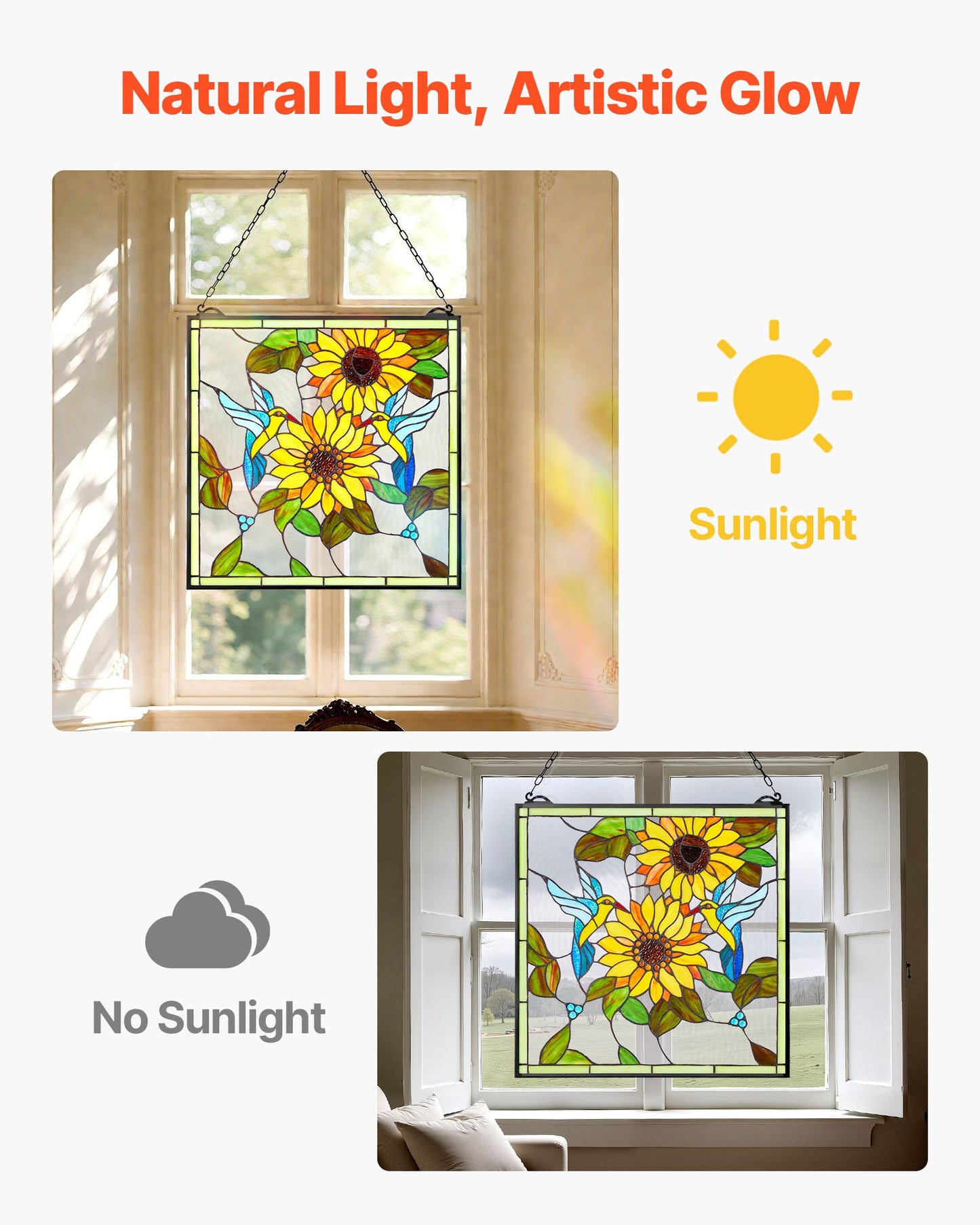 Stained Glass Window Panel, 20 x 20 in, Tiffany Style Hanging Transom Window Panel with Chain, Large Vertical Rectangle Stain Glass, Vintage Traditional Art Handcrafts for Kitchen Home Decor