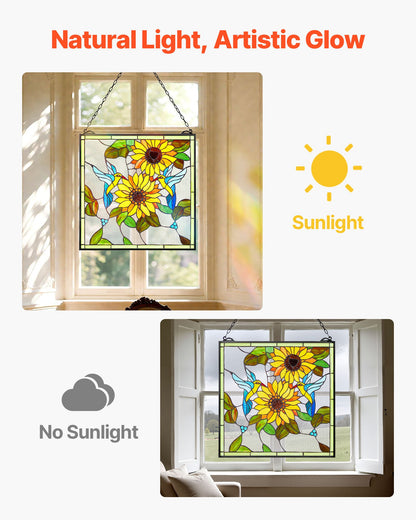 Stained Glass Window Panel, 20 x 20 in, Tiffany Style Hanging Transom Window Panel with Chain, Large Vertical Rectangle Stain Glass, Vintage Traditional Art Handcrafts for Kitchen Home Decor