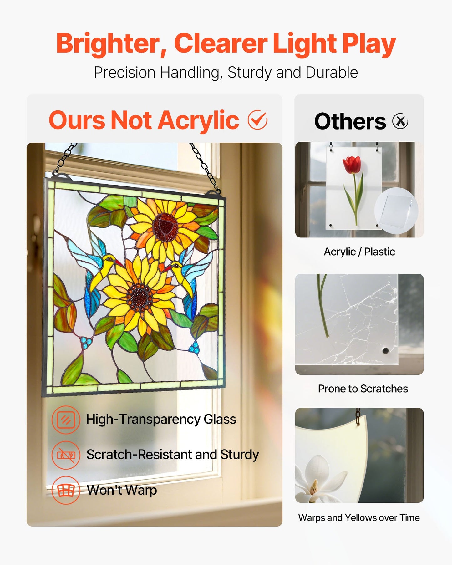 Stained Glass Window Panel, 20 x 20 in, Tiffany Style Hanging Transom Window Panel with Chain, Large Vertical Rectangle Stain Glass, Vintage Traditional Art Handcrafts for Kitchen Home Decor