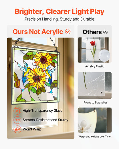 Stained Glass Window Panel, 20 x 20 in, Tiffany Style Hanging Transom Window Panel with Chain, Large Vertical Rectangle Stain Glass, Vintage Traditional Art Handcrafts for Kitchen Home Decor