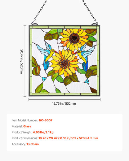 Stained Glass Window Panel, 20 x 20 in, Tiffany Style Hanging Transom Window Panel with Chain, Large Vertical Rectangle Stain Glass, Vintage Traditional Art Handcrafts for Kitchen Home Decor