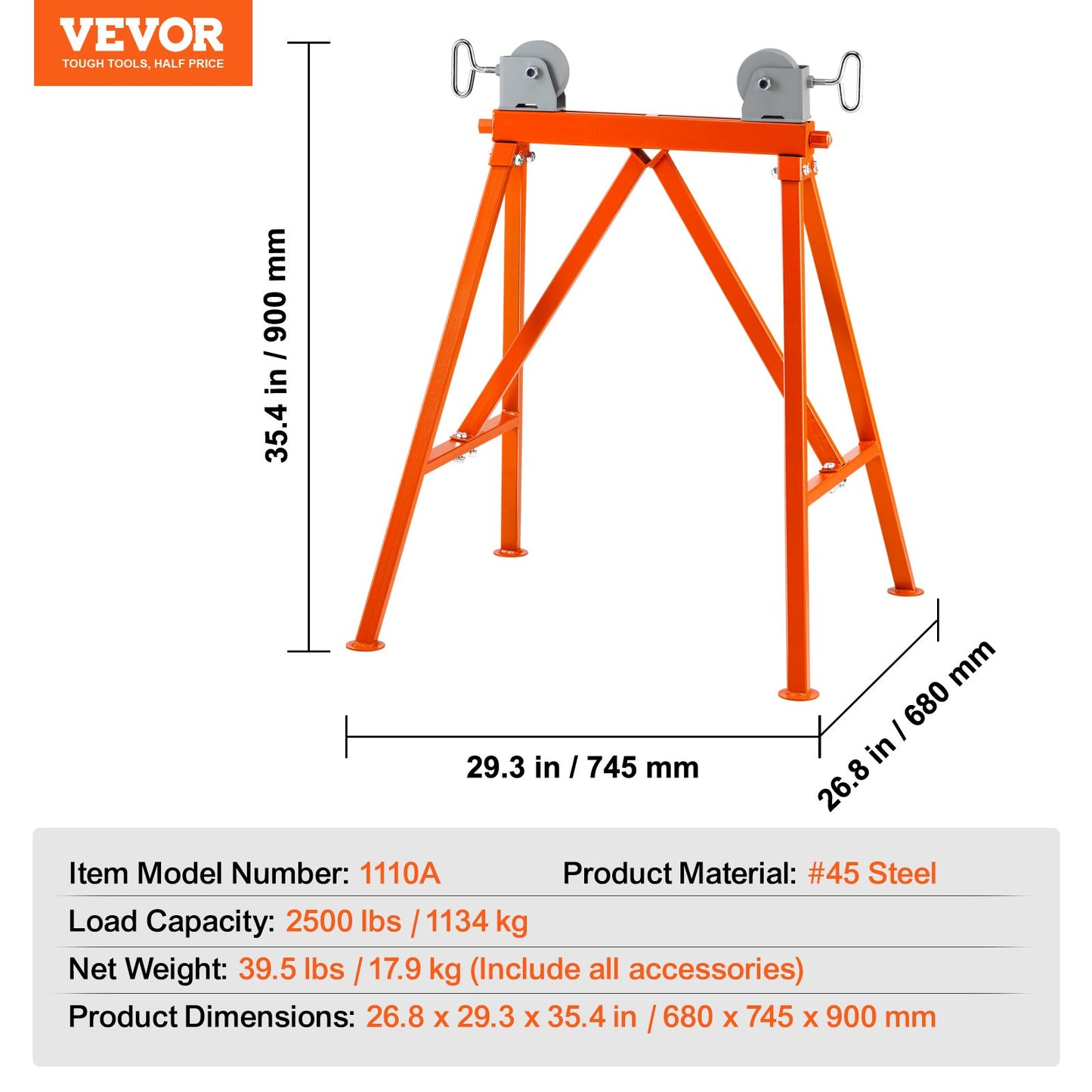 Pipe Stand with Roller Head 2500 LBS Load for 2-36 inch pipe 45# steel