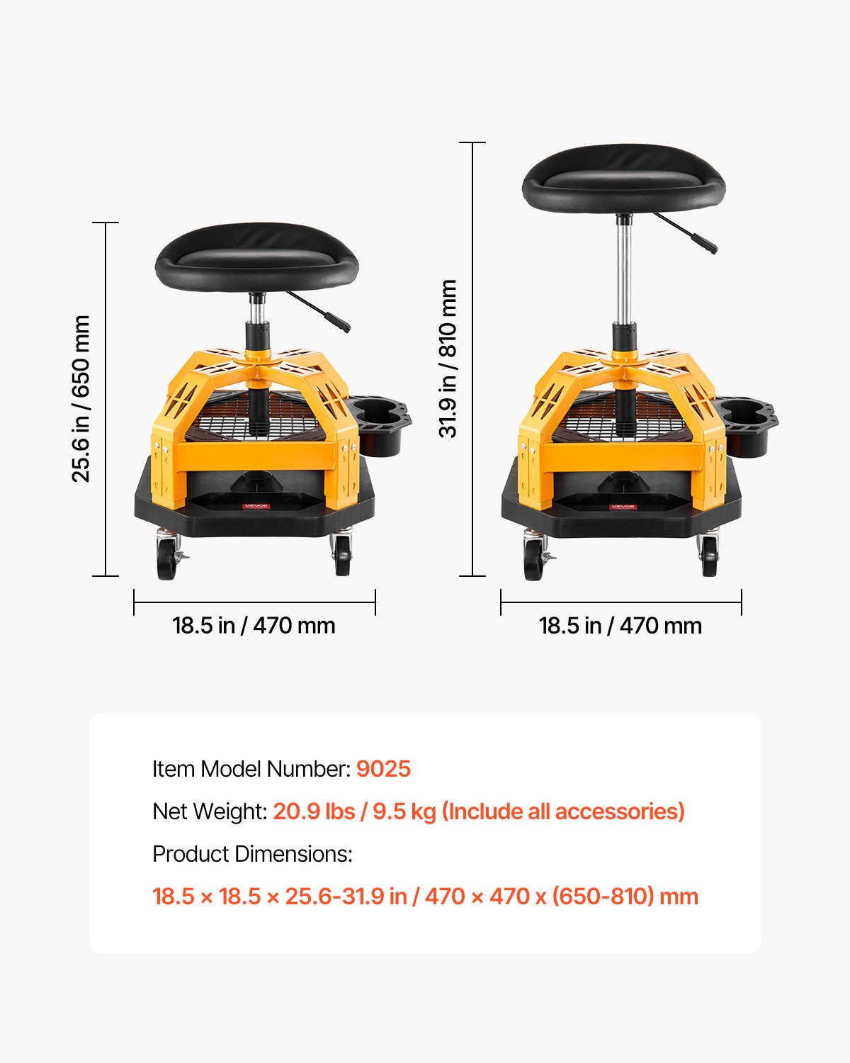Rolling Shop Stool, Heavy-Duty Pneumatic Garage Seat with 300 lbs Capacity, Adjustable Height Roller Creeper Seat, 360° Swivel Padded Workshop Stool with Casters, for Garage, Shop & Auto Repair