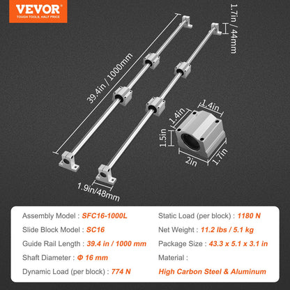 Linear Motion Kit, SFC16 1000mm, Includes 2 Rails of 39.4 inches, 4 SC16 Carriage Blocks, and 4 Support Brackets, Ideal for CNC and Automation Projects
