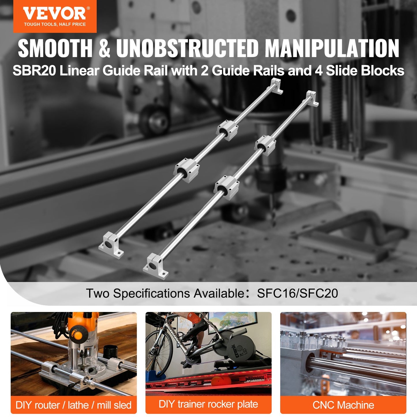 Linear Guide Set, SFC20 1000mm, Comes with Two 39.4 in/1000 mm SFC20 Guides, Four SC20 Slide Blocks, and Four Guide Supports for Automated Machinery and CNC Tasks