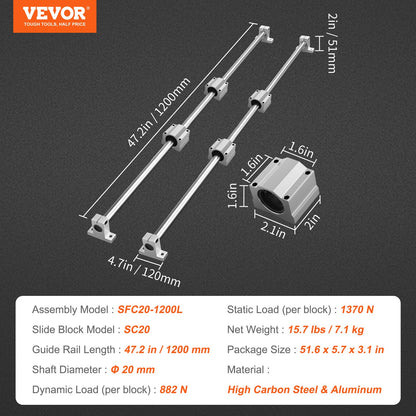 Linear Guide Rail Set, SFC20 1200 mm, 2 PCS 47.2 in/1200 mm SFC20 Guide Rails 4 PCS SC20 Slide Blocks 4 PCS Rail Supports, Linear Rails and Bearings Kit for Automated Machines CNC DIY Project