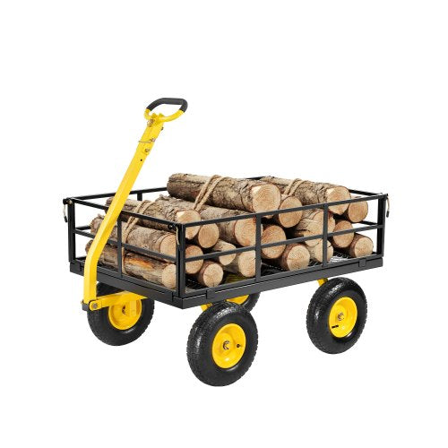 1200 Lbs Steel Garden Cart, Heavy Duty Pullable Garden Wagon Yard Cart, 2 in 1 Outdoor Metal Utility Wagon Yard Trailer with 13" All Terrain Tires, Mesh Removable Sides and 180°Rotating Handle