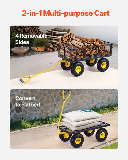 500 Lbs Steel Garden Cart, Heavy Duty Garden Wagon Cart Pullable on Wheels, Metal Yard Utility Wagon Carts with 10" All Terrain Tires, Mesh Removable Sides and 180°Rotating Handle