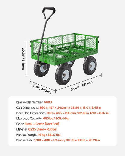 680 Lbs Steel Garden Cart on Wheels, Heavy Duty Garden Wagon Cart Pullable, Metal Outdoor Utility Yard Wagon Carts with 10" Tires, Mesh Removable Sides and 180°Rotating Handle