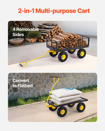 900 Lbs Heavy Duty Steel Garden Cart, Garden Wagon Cart on Wheels, Outdoor Metal Yard Utility Wagon Carts with 10" Tires and Mesh Removable Sides(Convert to Flatbed) and 180°Rotating Handle