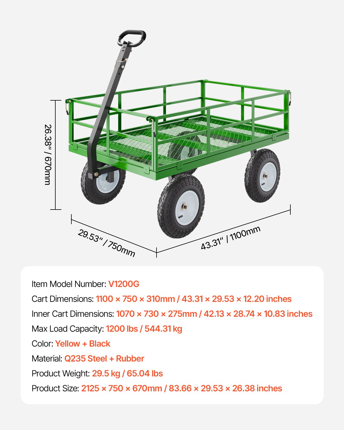 Steel Garden Cart 1200lbs Kapacitet Heavy Duty Wagon Cart 13in däck