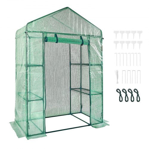 Walk-in Green House, 4.6 x 2.4 x 6.7 ft, Greenhouse with Shelves, High Strength PE Cover with Doors, Windows and Steel Frame, Set Up in Minutes, for Planting and Storage