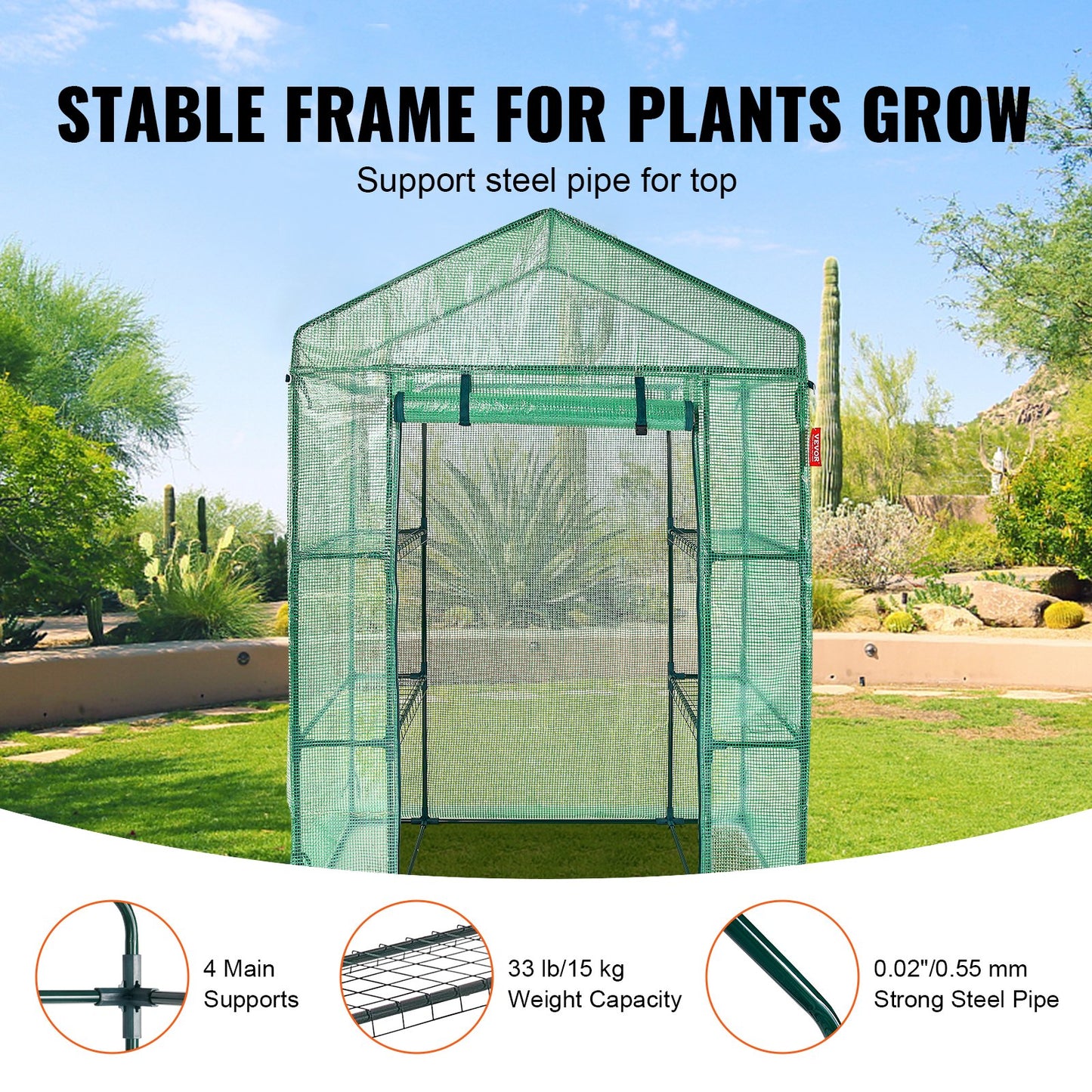 Walk-in Green House, 4.6 x 2.4 x 6.7 ft, Greenhouse with Shelves, High Strength PE Cover with Doors, Windows and Steel Frame, Set Up in Minutes, for Planting and Storage
