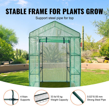 Walk-in Green House, 4.6 x 2.4 x 6.7 ft, Greenhouse with Shelves, High Strength PE Cover with Doors, Windows and Steel Frame, Set Up in Minutes, for Planting and Storage