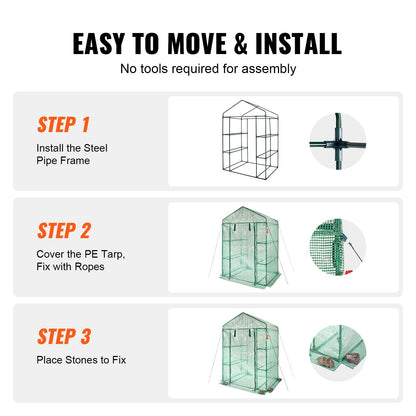 Walk-in Green House, 4.6 x 2.4 x 6.7 ft, Greenhouse with Shelves, High Strength PE Cover with Doors, Windows and Steel Frame, Set Up in Minutes, for Planting and Storage