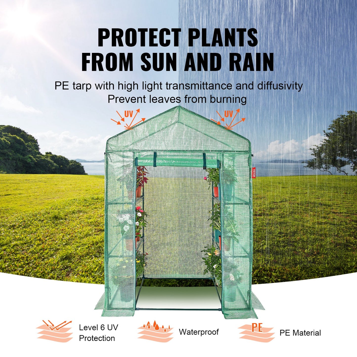 Walk-in Green House, 4.6 x 2.4 x 6.7 ft, Greenhouse with Shelves, High Strength PE Cover with Doors, Windows and Steel Frame, Set Up in Minutes, for Planting and Storage