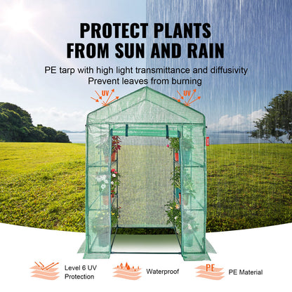 Walk-in Green House, 4.6 x 2.4 x 6.7 ft, Greenhouse with Shelves, High Strength PE Cover with Doors, Windows and Steel Frame, Set Up in Minutes, for Planting and Storage