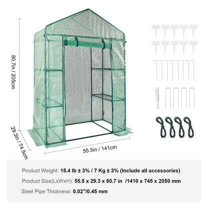 Walk-in Green House, 4.6 x 2.4 x 6.7 ft, Greenhouse with Shelves, High Strength PE Cover with Doors, Windows and Steel Frame, Set Up in Minutes, for Planting and Storage