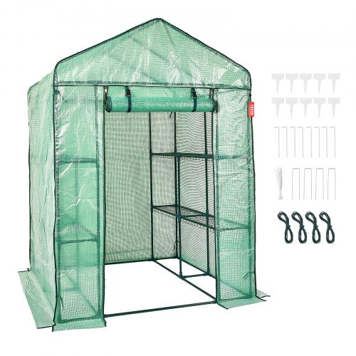 Walk-in Green House, 4.6 x 4.6 x 6.6 ft , Greenhouse with Shelves, High Strength PE Cover with Zipper Door and Steel Frame, Assembly in Minutes, Suitable for Planting and Storage