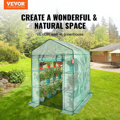 Walk-in Green House, 4.6 x 4.6 x 6.6 ft Greenhouse with Shelves, Sets Up in Minutes, High-Strength PE Cover with Doors and Windows and Steel Frame, Suitable for Planting and Storage, Green