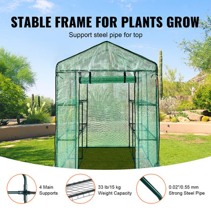 Walk-in Green House, 4.6 x 4.6 x 6.6 ft Greenhouse with Shelves, Sets Up in Minutes, High-Strength PE Cover with Doors and Windows and Steel Frame, Suitable for Planting and Storage, Green