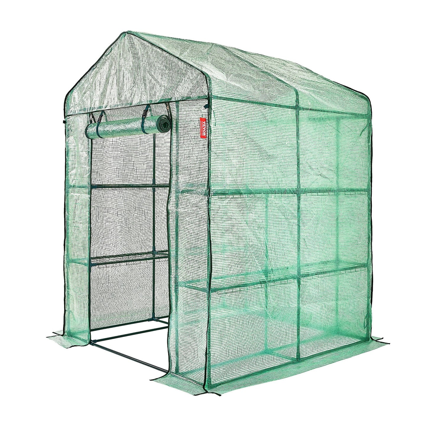Walk-in Green House, 4.6 x 4.6 x 6.6 ft Greenhouse with Shelves, Sets Up in Minutes, High-Strength PE Cover with Doors and Windows and Steel Frame, Suitable for Planting and Storage, Green