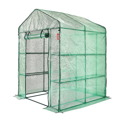 Walk-in Green House, 4.6 x 4.6 x 6.6 ft Greenhouse with Shelves, Sets Up in Minutes, High-Strength PE Cover with Doors and Windows and Steel Frame, Suitable for Planting and Storage, Green