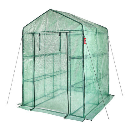 Walk-in Green House, 4.6 x 4.6 x 6.6 ft Greenhouse with Shelves, Sets Up in Minutes, High-Strength PE Cover with Doors and Windows and Steel Frame, Suitable for Planting and Storage, Green
