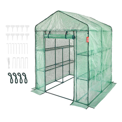 Walk-in Green House, 4.6 x 4.6 x 6.6 ft Greenhouse with Shelves, Sets Up in Minutes, High-Strength PE Cover with Doors and Windows and Steel Frame, Suitable for Planting and Storage, Green