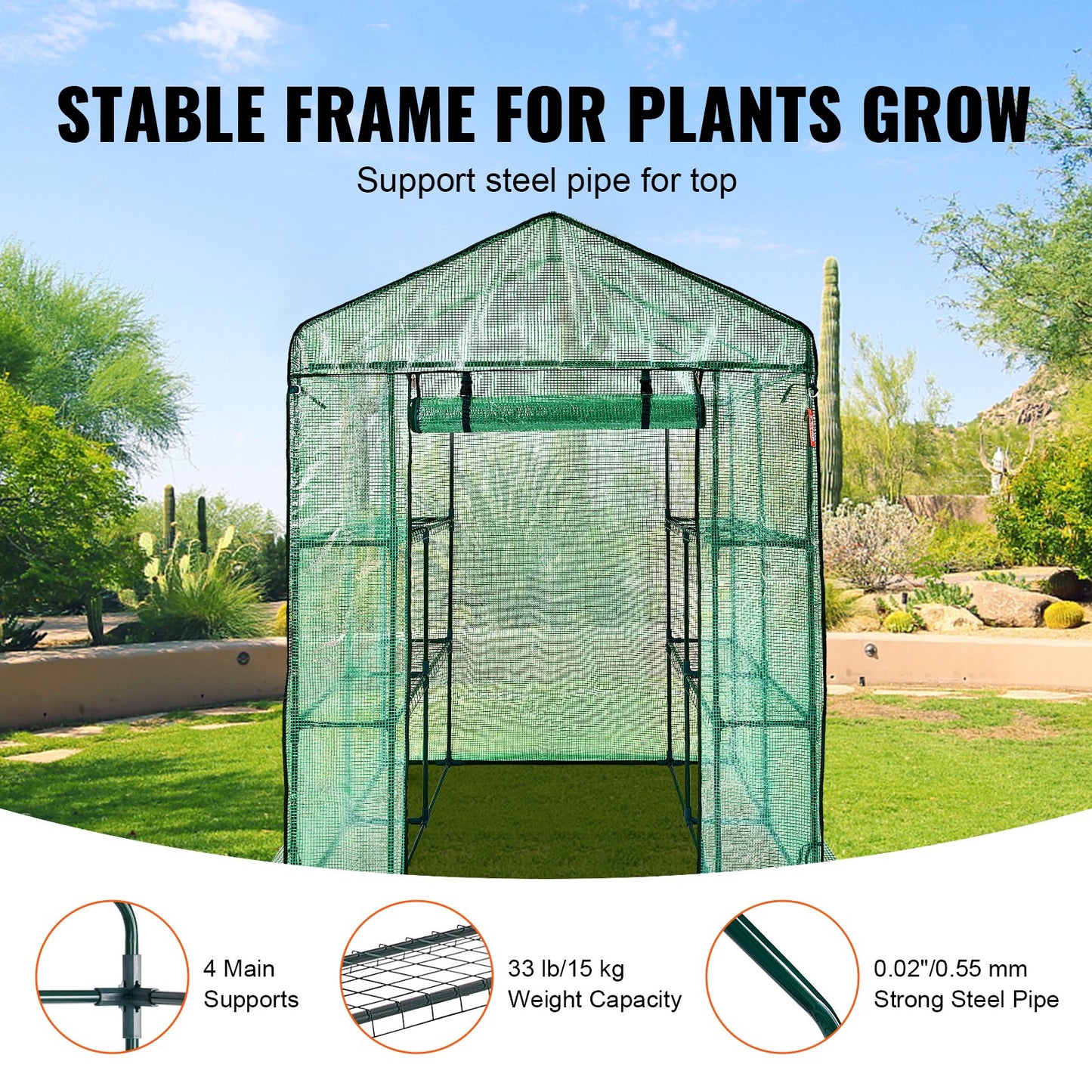 Walk-in Green House, 4.6 x 4.6 x 6.6 ft , Greenhouse with Shelves, High Strength PE Cover with Zipper Door and Steel Frame, Assembly in Minutes, Suitable for Planting and Storage
