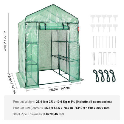Walk-in Green House, 4.6 x 4.6 x 6.6 ft , Greenhouse with Shelves, High Strength PE Cover with Zipper Door and Steel Frame, Assembly in Minutes, Suitable for Planting and Storage