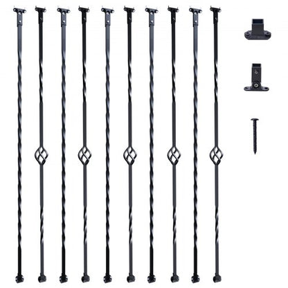 Staircase Metal Balusters, 44'' x 1/2" Galvanized Steel Decorative Banister Spindles, 10 Pack Deck Baluster with Hollow Single Baskets, Twists, Spiral Stair Railing w/ Shoes & Screws