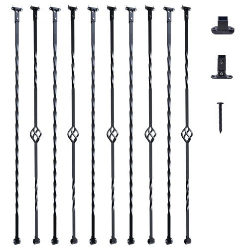 Staircase Metal Balusters, 44'' x 1/2" Galvanized Steel Decorative Banister Spindles, 10 Pack Deck Baluster with Hollow Single Baskets, Twists, Spiral Stair Railing w/ Shoes & Screws