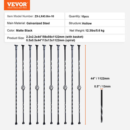 Staircase Metal Balusters, 44'' x 1/2" Galvanized Steel Decorative Banister Spindles, 10 Pack Deck Baluster with Hollow Single Baskets, Twists, Spiral Stair Railing w/ Shoes & Screws
