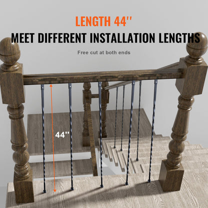 Trappstolar i metall, 44 tum x 1/2 tum galvaniserat stål dekorativa räckespindlar, 10-pack däcksräcke med ihåliga vridningar, satängsvart spiraltrappräcke med skor och skruvar