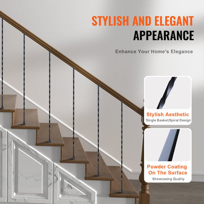 Staircase Metal Balusters, 44'' x 1/2" Galvanized Steel Decorative Banister Spindles, 10 Pack Deck Baluster with Hollow Twists, Satin Black Spiral Stair Railing with Shoes & Screws