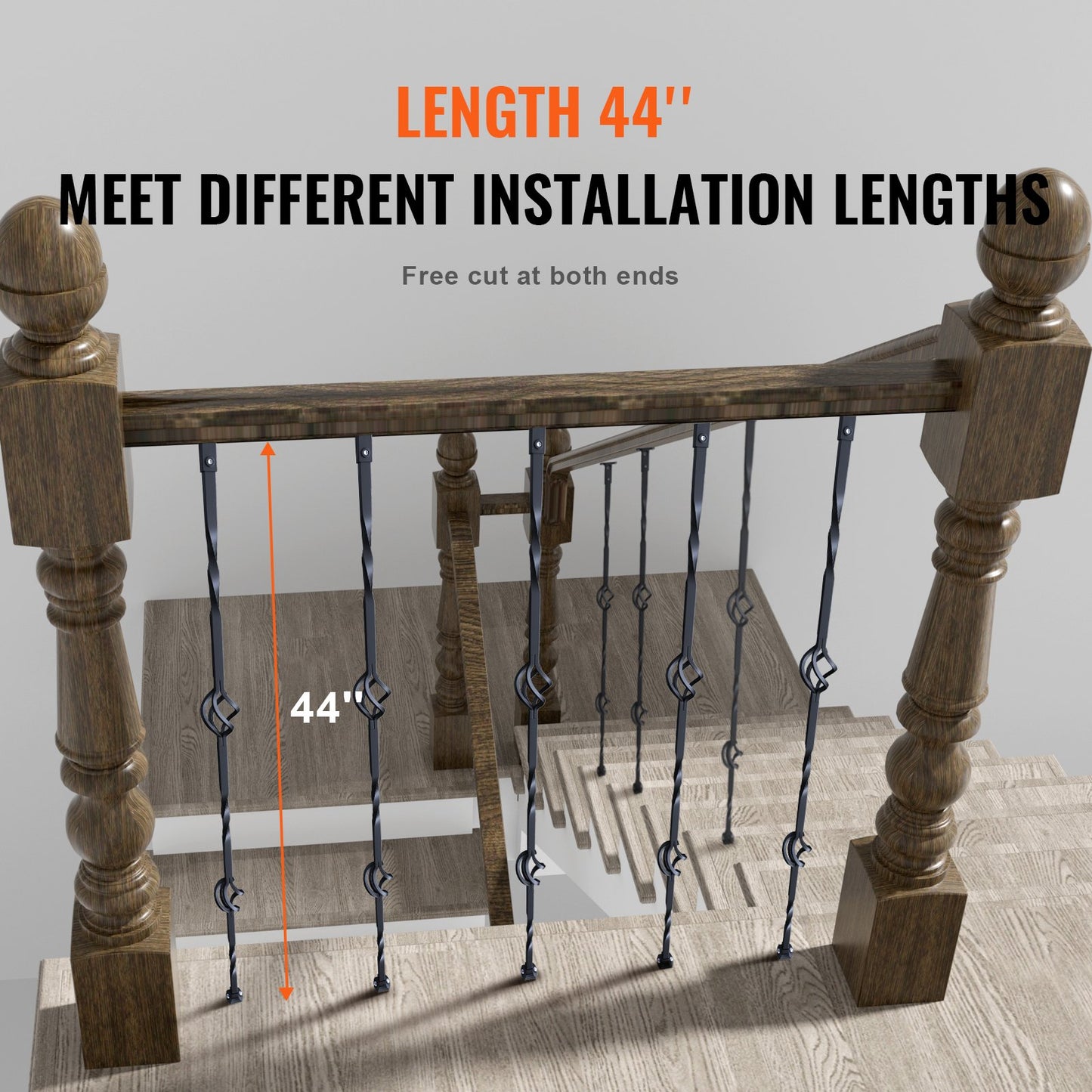 Metal Staircase Railings, 44 Inch x 1/2 Inch Galvanized Steel Decorative Railing Spindles, 10-Pack Deck Railings with Hollow Double Baskets, Spiral Stair Railing with Shoes and Screws