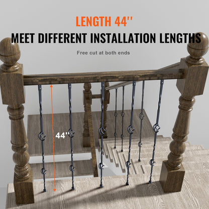 Metal Staircase Railings, 44 Inch x 1/2 Inch Galvanized Steel Decorative Railing Spindles, 10-Pack Deck Railings with Hollow Double Baskets, Spiral Stair Railing with Shoes and Screws