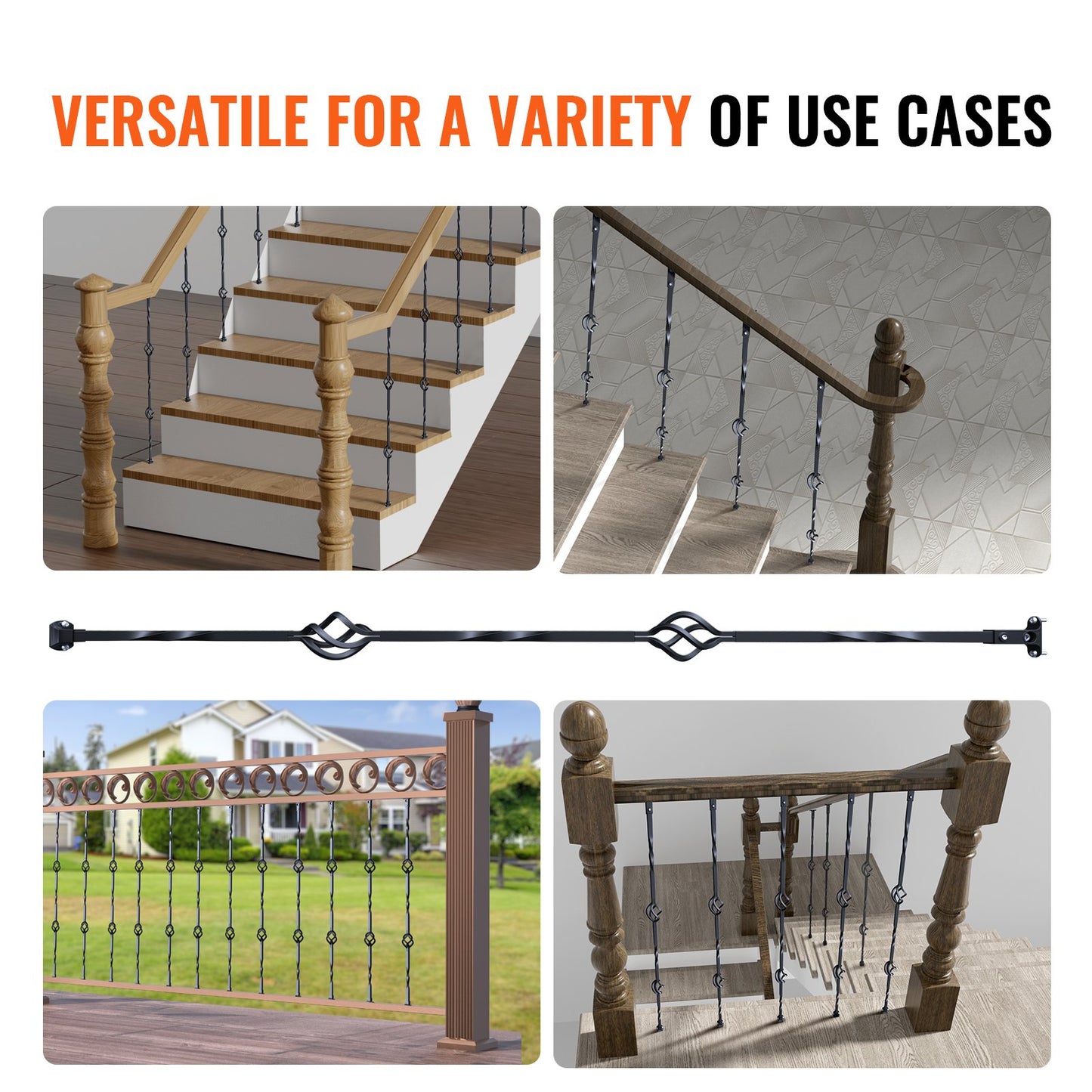 Metal Staircase Railings, 44 Inch x 1/2 Inch Galvanized Steel Decorative Railing Spindles, 10-Pack Deck Railings with Hollow Double Baskets, Spiral Stair Railing with Shoes and Screws