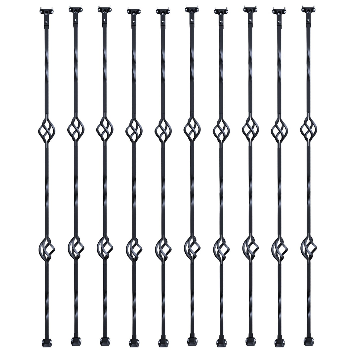 Metal Staircase Railings, 44 Inch x 1/2 Inch Galvanized Steel Decorative Railing Spindles, 10-Pack Deck Railings with Hollow Double Baskets, Spiral Stair Railing with Shoes and Screws
