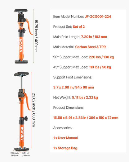 Cabinet Jack Support Pole, 2-Pack, 15.75-23.6 Inch Steel Telescopic Quick Support Rod, Adjustable 3rd Hand System up to 220 lbs Capacity for Installing Cabinets, Lifting Drywall, Cargo Bars