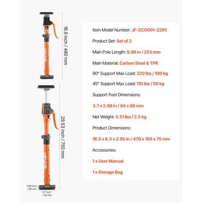 Skåpdomkraftsstöd, 2-pack, 48-75 cm teleskopisk snabbstödstång i stål, justerbart 3:e handssystem upp till 100 kg kapacitet för installation av skåp, lyft av gipsväggar, laststänger |  EU